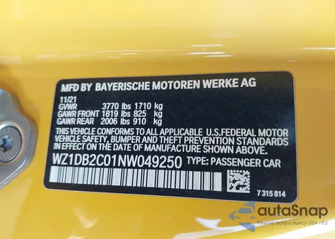 2022 Toyota Gr Supra 2.0 z USA, uszkodzony, nr VIN WZ1DB2C01NW049250